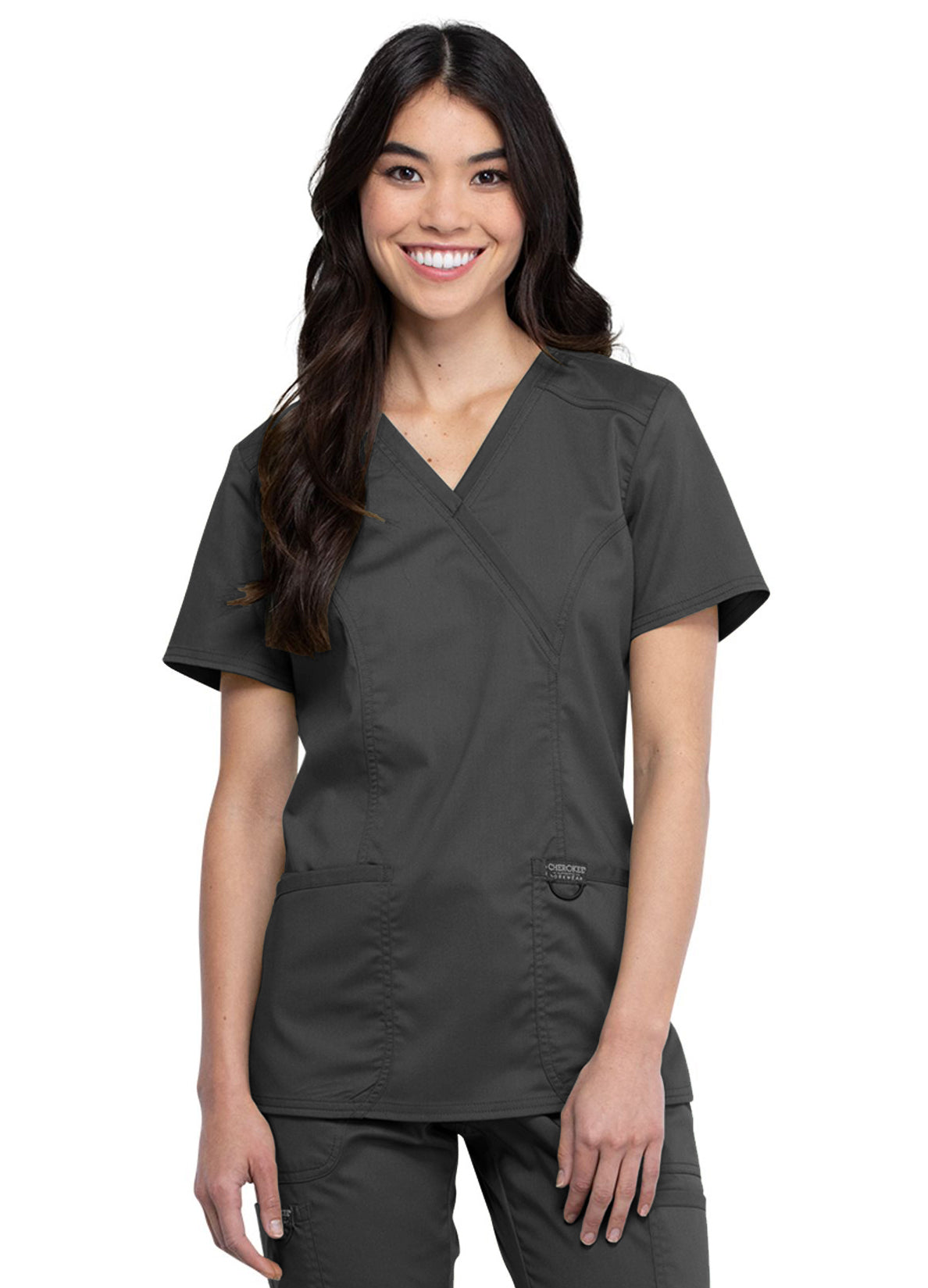 WW610 Mock Wrap Top Pewter w/ University Orthopedics Logo